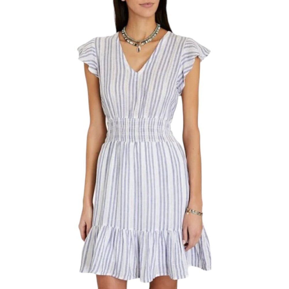 Rails Tara Blue Catalina Stripe Linen Blend Dress Short Sleeves Mini